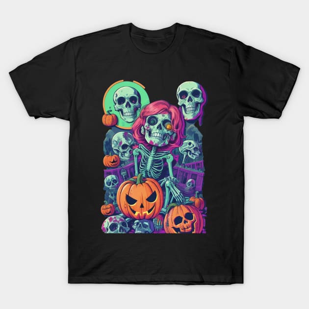 Skeleton Gang and Pumpkin Halloween Theme. T-Shirt by m.desizy